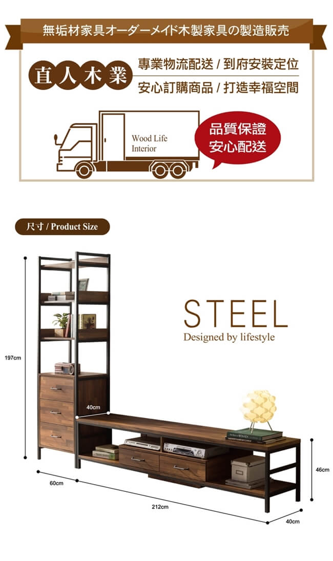 日本直人木業-STEEL積層木工業風1個3抽加212CM電視櫃(272x40x197cm)