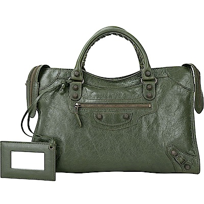 BALENCIAGA GIANT CITY 仿舊釦小羊皮機車包(墨綠色)