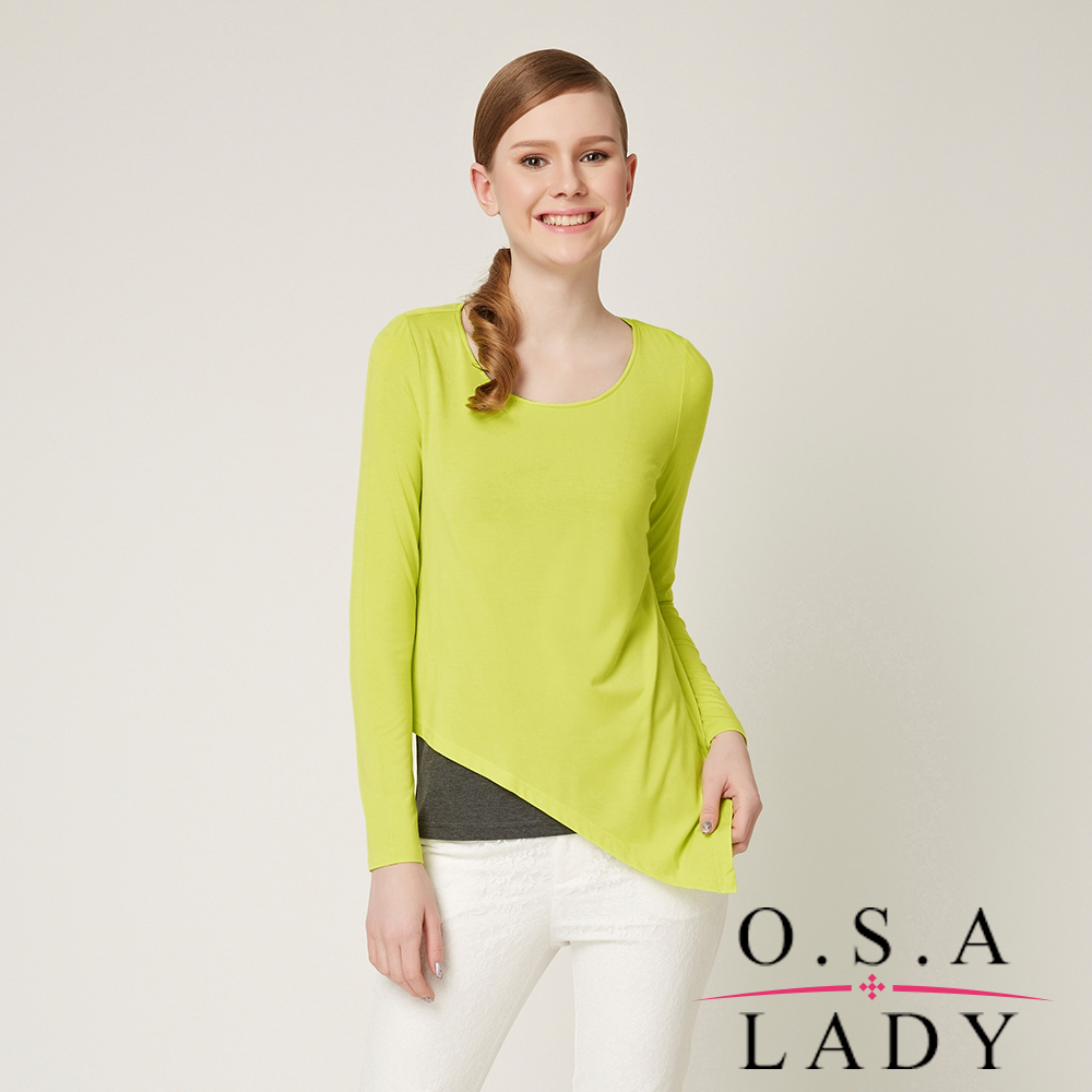 O.S.A LADY 不規則下擺設計撞色棉上衣 (黃色)