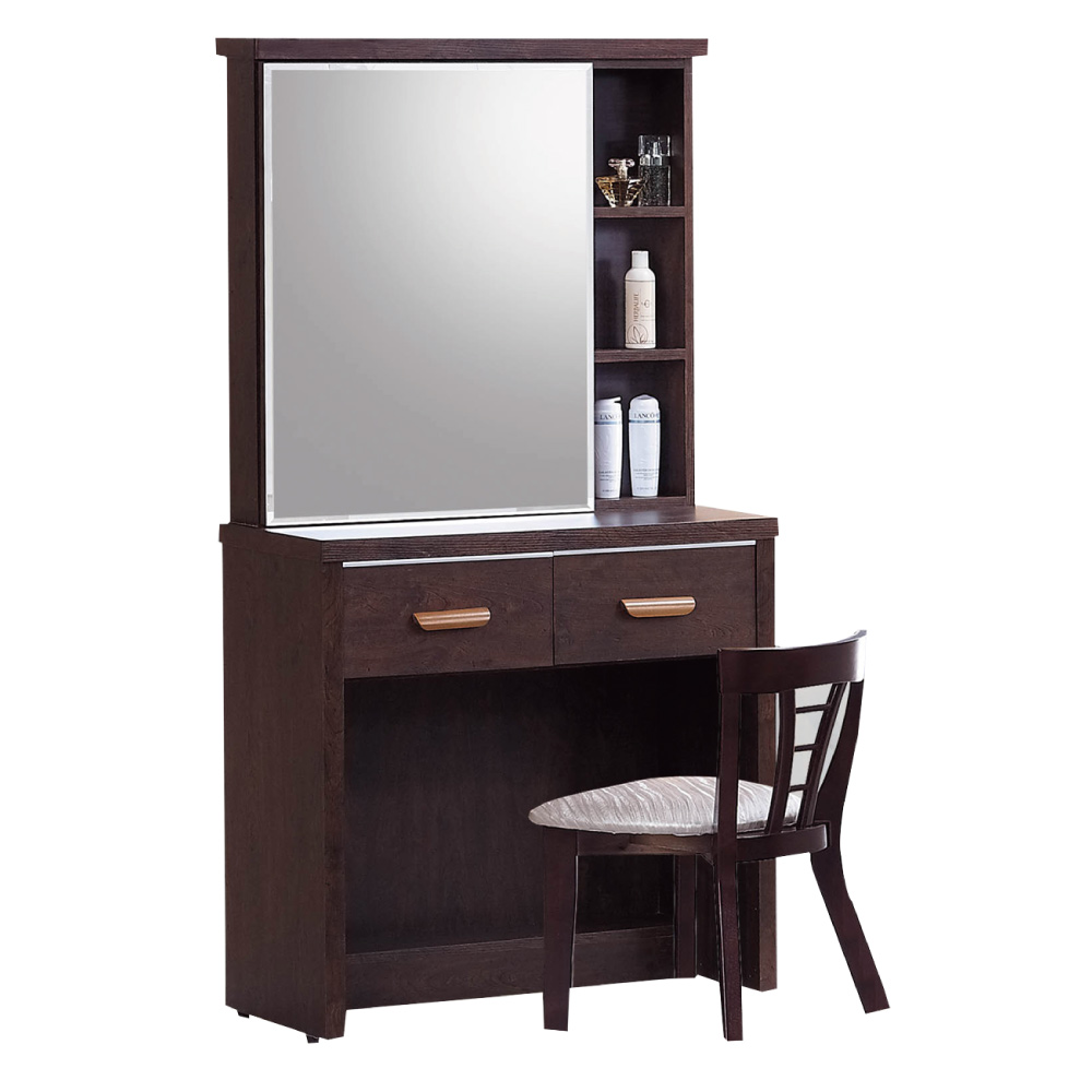 品家居 米卡羅2.7尺胡桃木紋化妝鏡台含椅-80.5x40x156cm-免組