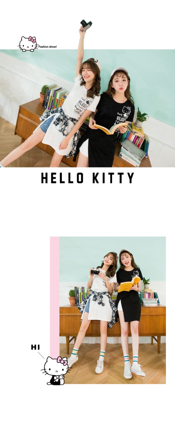 HELLO KITTY單字燙印側襬開衩長版上衣．2色-OB大尺碼