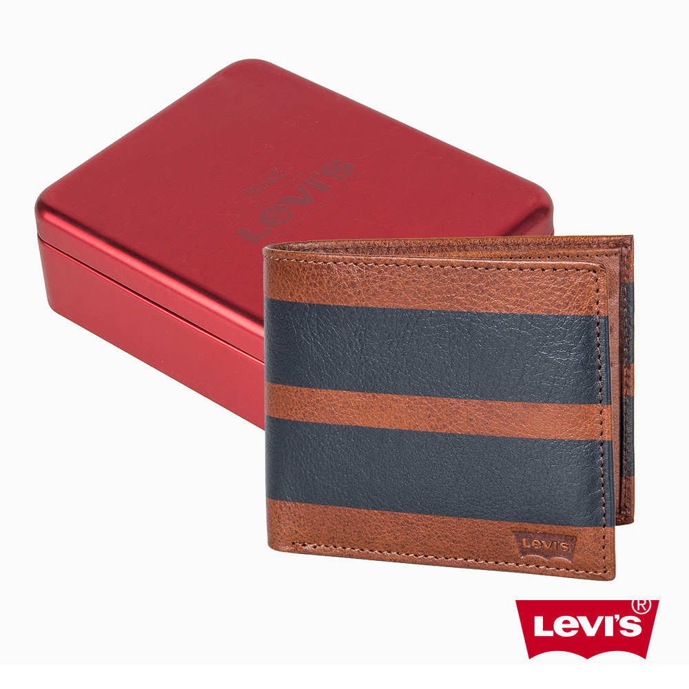 Levis 簡約條紋設計牛皮短夾 精美鐵盒