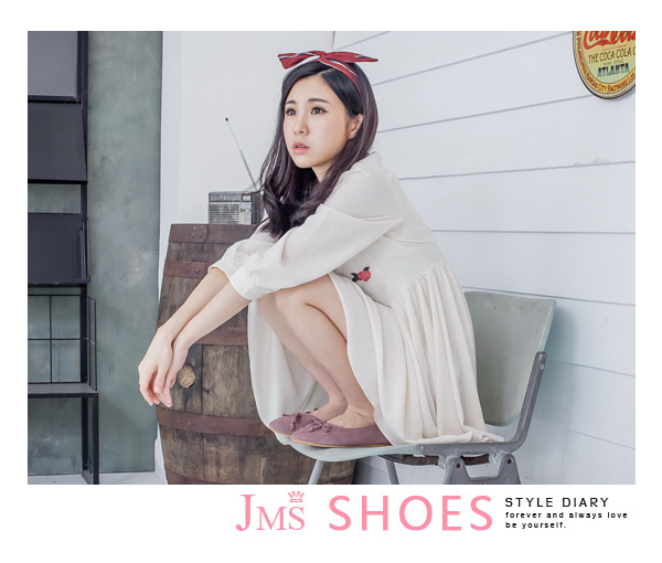 JMS-韓版自然派甜心蝴蝶結牛皮娃娃鞋-粉芋色