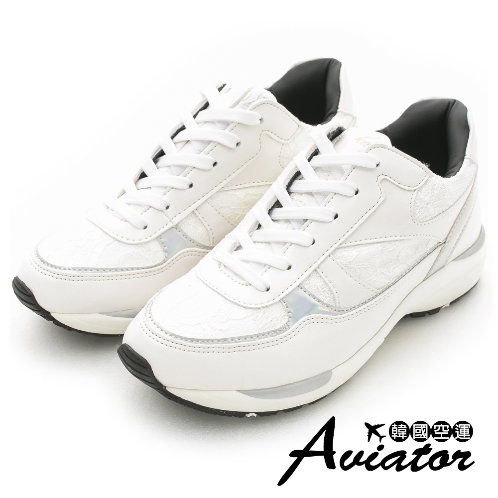 Aviator*韓國空運。正韓製蕾絲皮革幾何拼接造型休閒運動鞋-白
