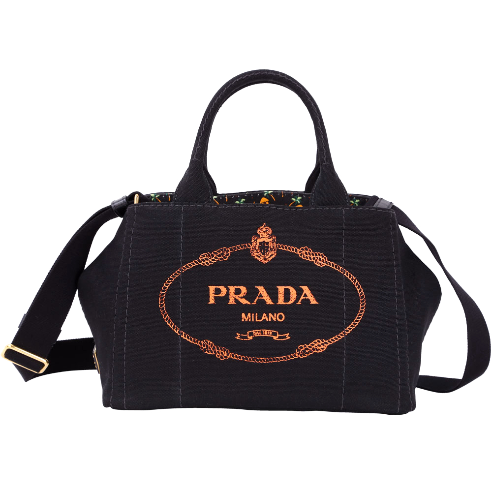 PRADA Canvas 拼接椰樹印花帆布兩用提包(小/黑色)