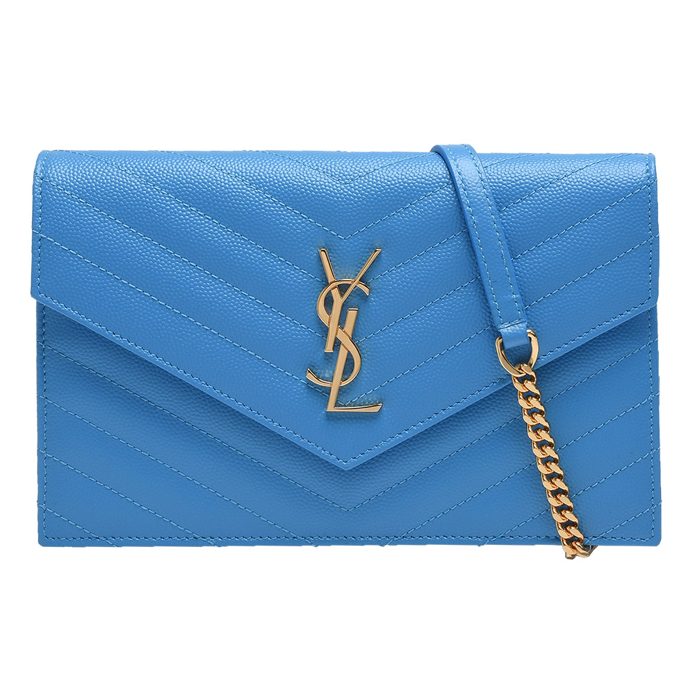 YSL MONOGRAM系列V字縫線魚子醬牛皮金屬LOGO金鍊手拿/肩背包(天空藍)