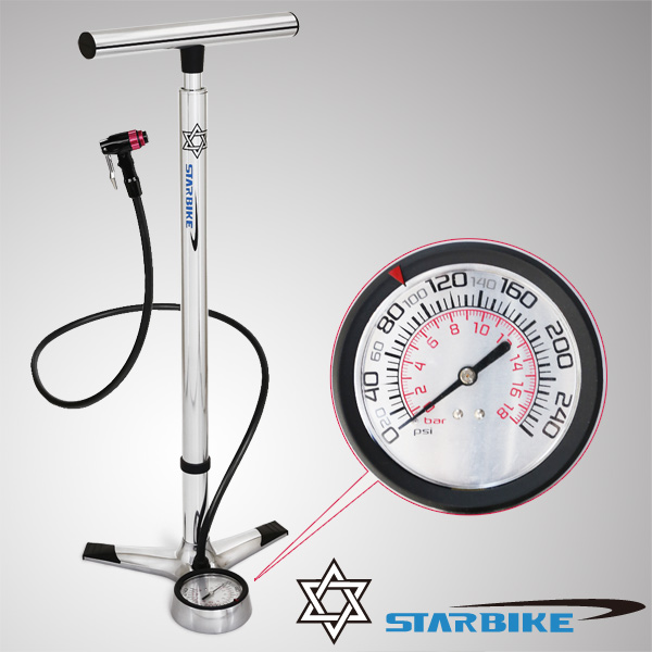 STARBIKE管胎首選超高壓大鏡面立式打氣筒(銀)