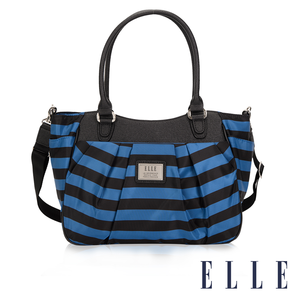 ELLE 法式優雅 海軍風 時尚托特側背手提包款搭配質感頭層皮 淑媛設計款-藍黑