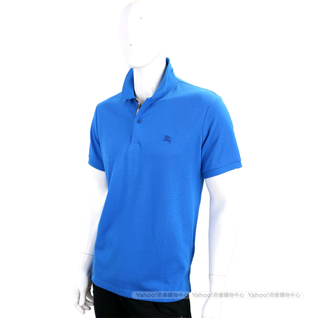 BURBERRY 格紋開襟網眼棉質POLO衫(男款/寶藍色)