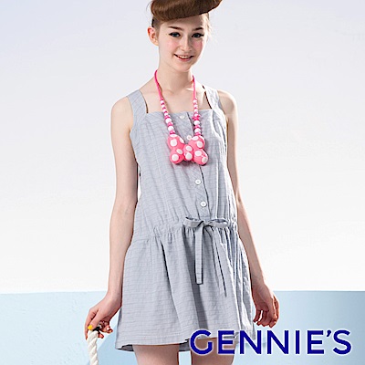 Gennies專櫃-清新橫條織紋綁帶無袖洋裝(G2503)-淺灰藍