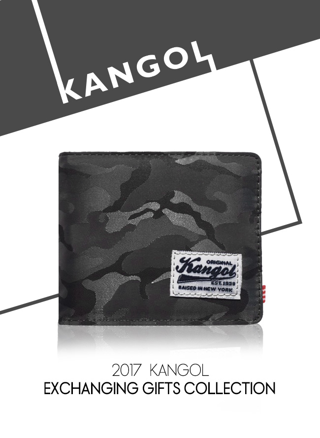 KANGOL 韓式潮流 多夾層橫式短皮夾+鑰匙圈禮盒-迷彩灰