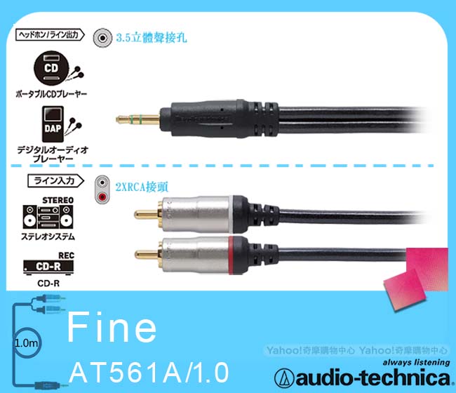 日本鐵三角 AT561A/1.0m 3.5mm轉RCA高級音源訊號變換線