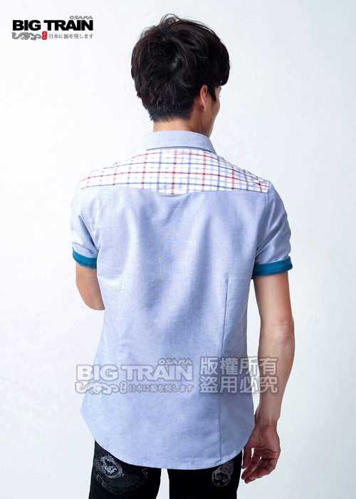BIG TRAIN-肩裝飾格紋剪接短袖襯衫-白藍