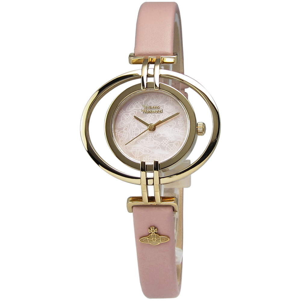 Vivienne Westwood/Oval 愛戀巴黎鏤空真皮腕錶-粉紅x金/35mm