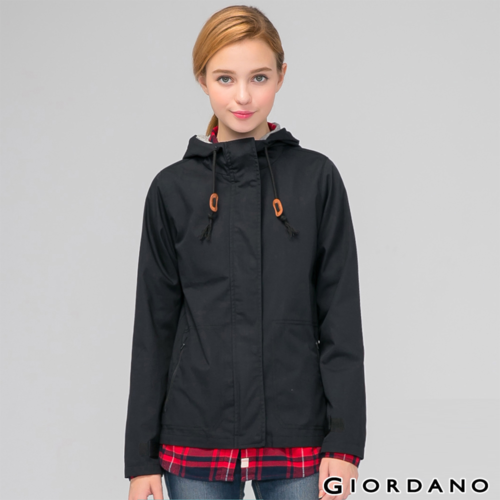 GIORDANO 女裝簡約素色魔術貼袖口連帽外套-09 標志黑色