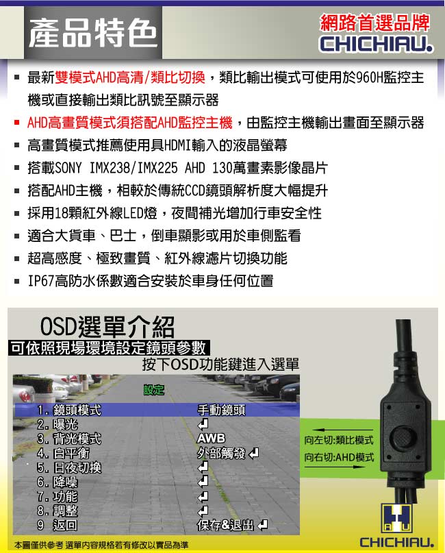 監視器攝影機 - 奇巧 AHD SONY 130萬1200條雙模切換紅外線防水型車用攝影機