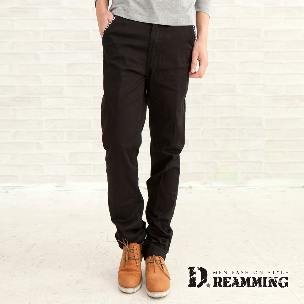 Dreamming 釦飾織條彈力休閒中直筒長褲-黑色