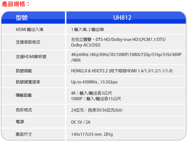 DigiSun UH812 4K HDMI 2.0 一進二出影音分配器