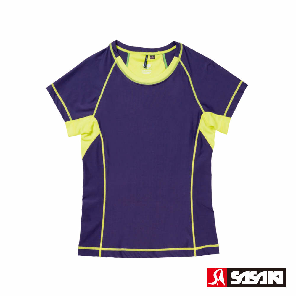 SASAKI 高彈力機能性運動緊身圓領短袖上衣 女 鬱香紫/艷黃
