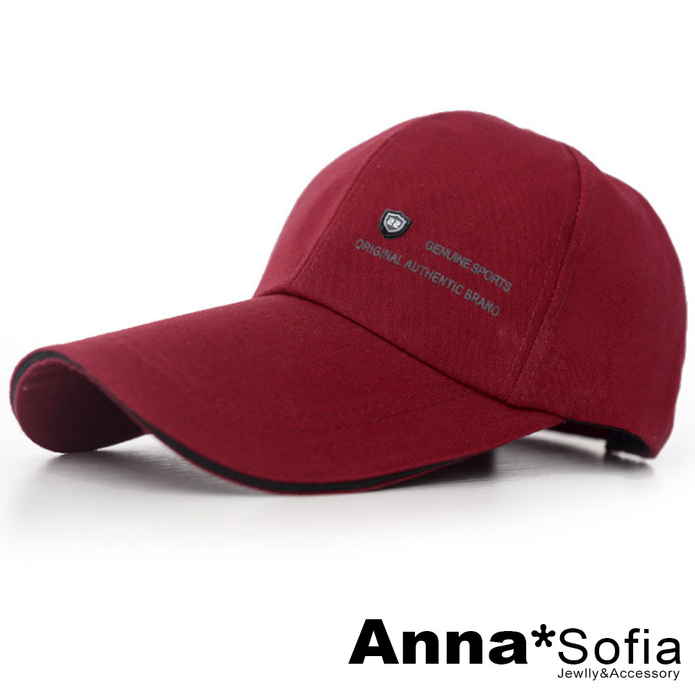 AnnaSofia 加長帽簷22小黑標 棉質防曬遮陽嘻哈棒球帽(深紅色)