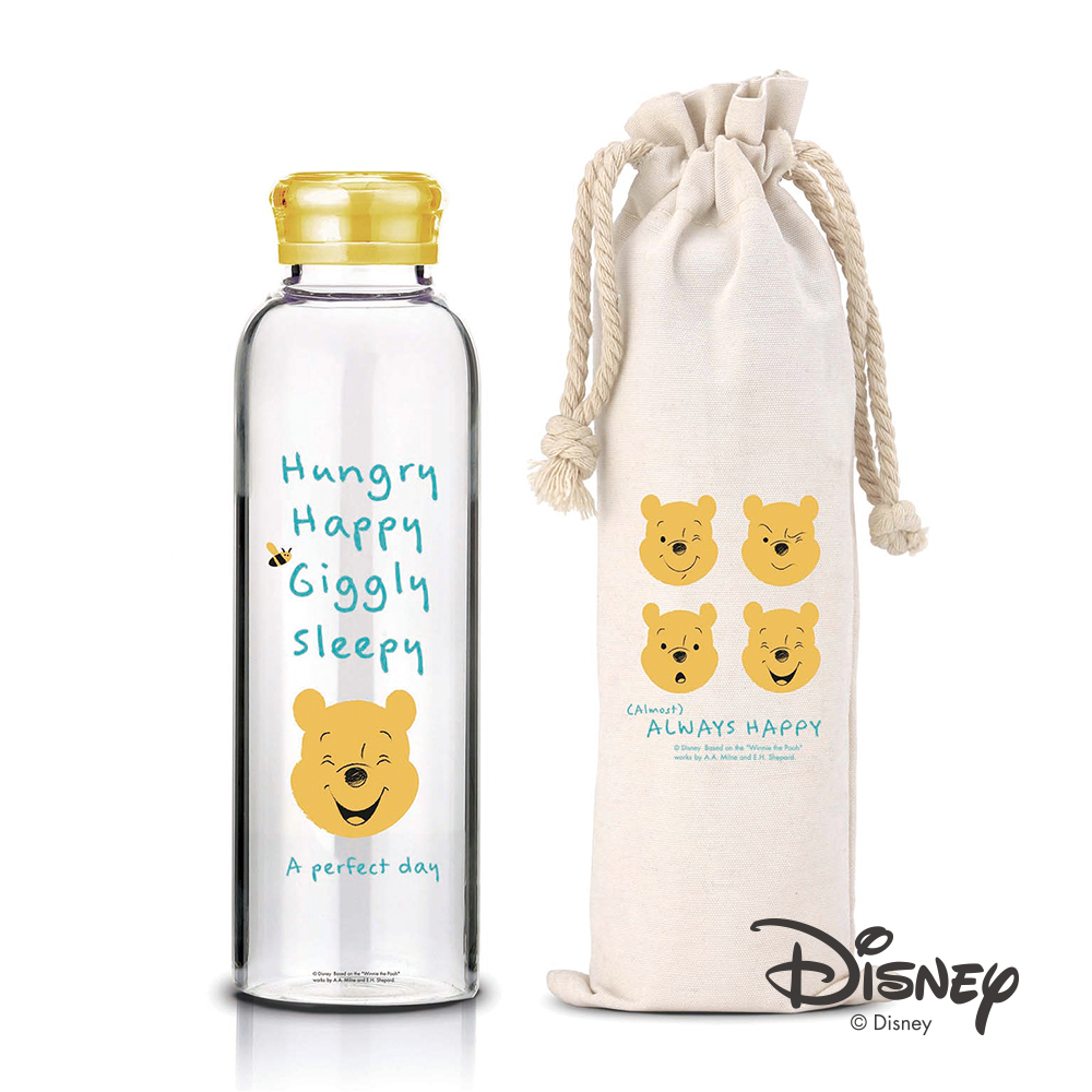 迪士尼Disney 微笑維尼耐熱玻璃瓶袋組370ml