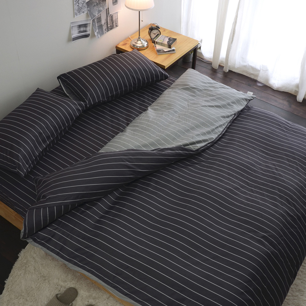 絲薇諾 MIT精梳純棉 換日線-黑色 雙人加大6尺-薄床包薄被套組