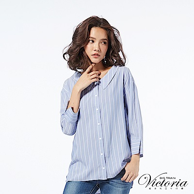 Victoria 大V領落肩七分袖襯衫-女-藍底白條