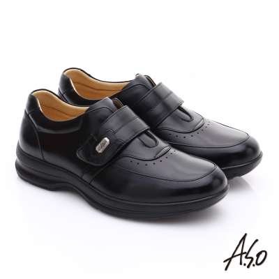 A.S.O 3A全掌氣墊 油感真皮氣墊休閒皮鞋 黑色