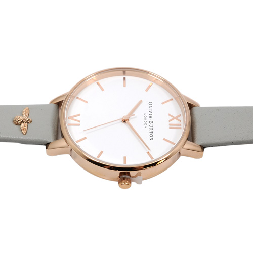 Olivia Burton英倫復古手錶 簡約3D蜜蜂裝飾錶帶灰色真皮玫瑰金框38mm