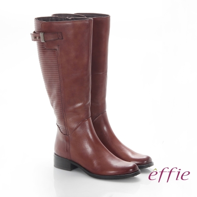 effie 魅力時尚 真皮立體壓紋低跟直筒長靴 茶