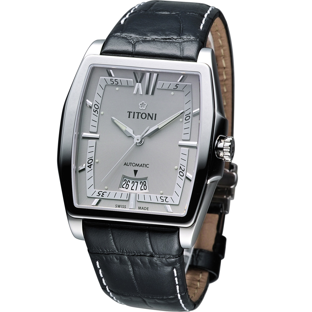 TITONI WALL STREET 復古機械皮帶腕錶-灰/39x38mm