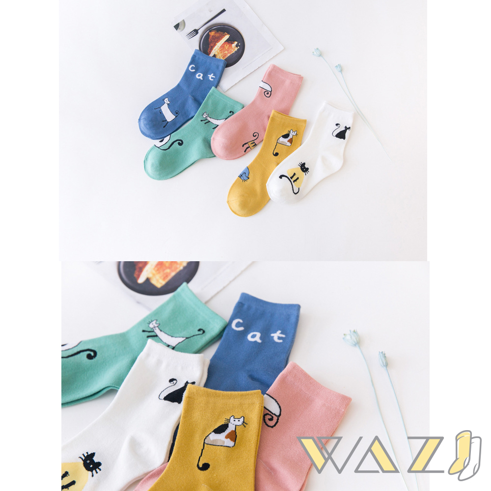 Wazi-可愛插畫風貓咪短襪 (1組五入)