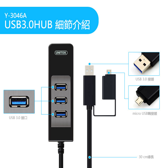 UNITEK 優越者USB3.0 4Port Hub + OTG轉接器