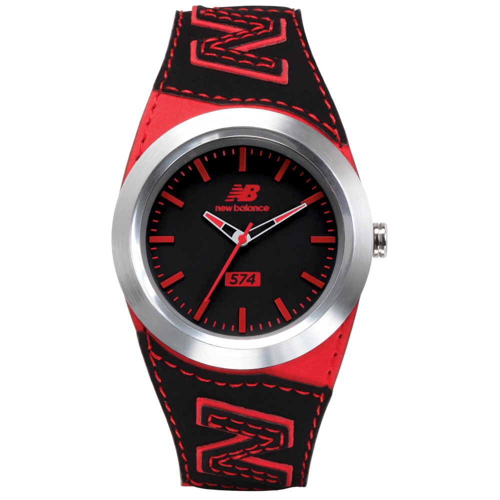 福利品 New Balance 574系列 NB LOGO皮革時尚腕錶-黑紅/43mm