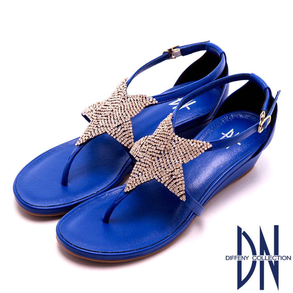 DN 舒適MIT 璀璨星星水鑽羊皮夾腳涼鞋 藍