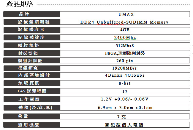 UMAX DDR4-2400 4GB筆記型記憶體