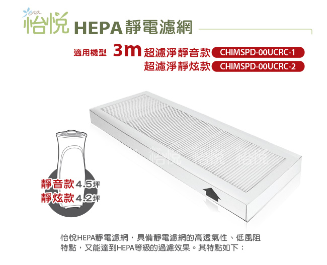 怡悅HEPA靜電濾網- 適用於3m超濾淨型-靜音款空氣清靜機