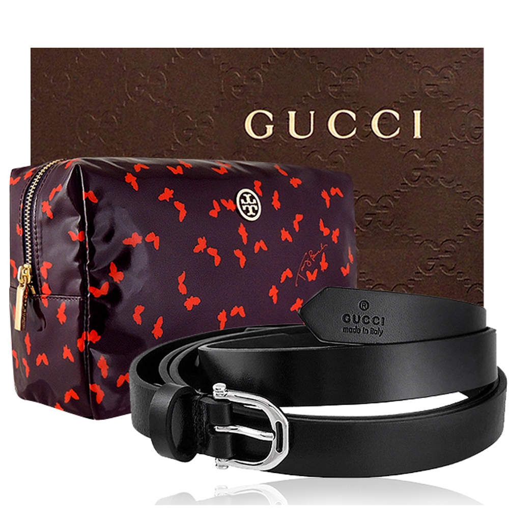 GUCCI 黑色皮帶/32號+TORY BURCH紫色化妝包