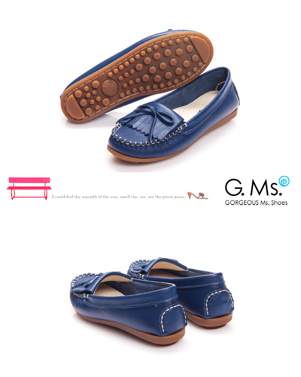 G.Ms. MIT系列-舒適牛皮流蘇蝴蝶結莫卡辛鞋-率性藍