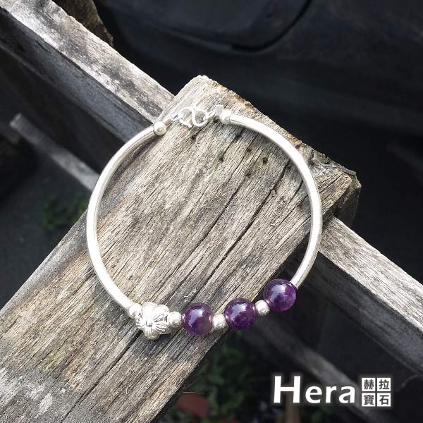 Hera 925純銀手作天然紫水晶圓珠梅花手環/手鍊