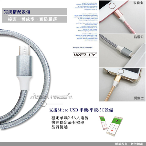 WELLY HTC/三星/索尼 Micro USB二代金屬系經典編織線(30CM)
