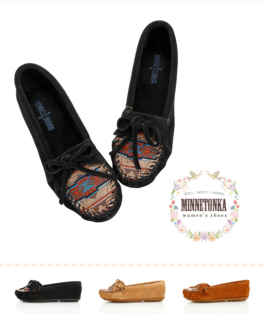 MINNETONKA 黑色印地安刺繡麂皮莫卡辛 女鞋 (展示品)