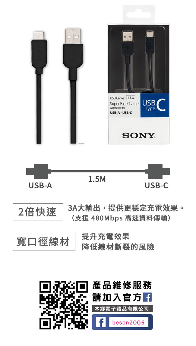SONY Type-C 高速充電傳輸線1.5M (CP-AC150)
