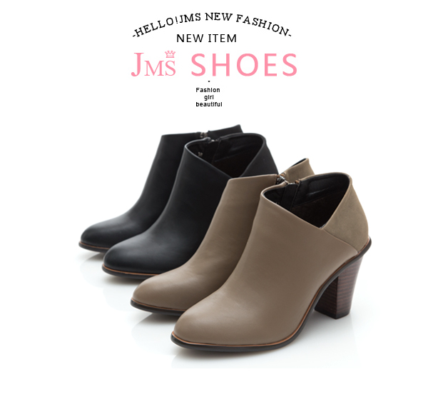 JMS-韓版拼接性感側斜V領踝靴-黑色