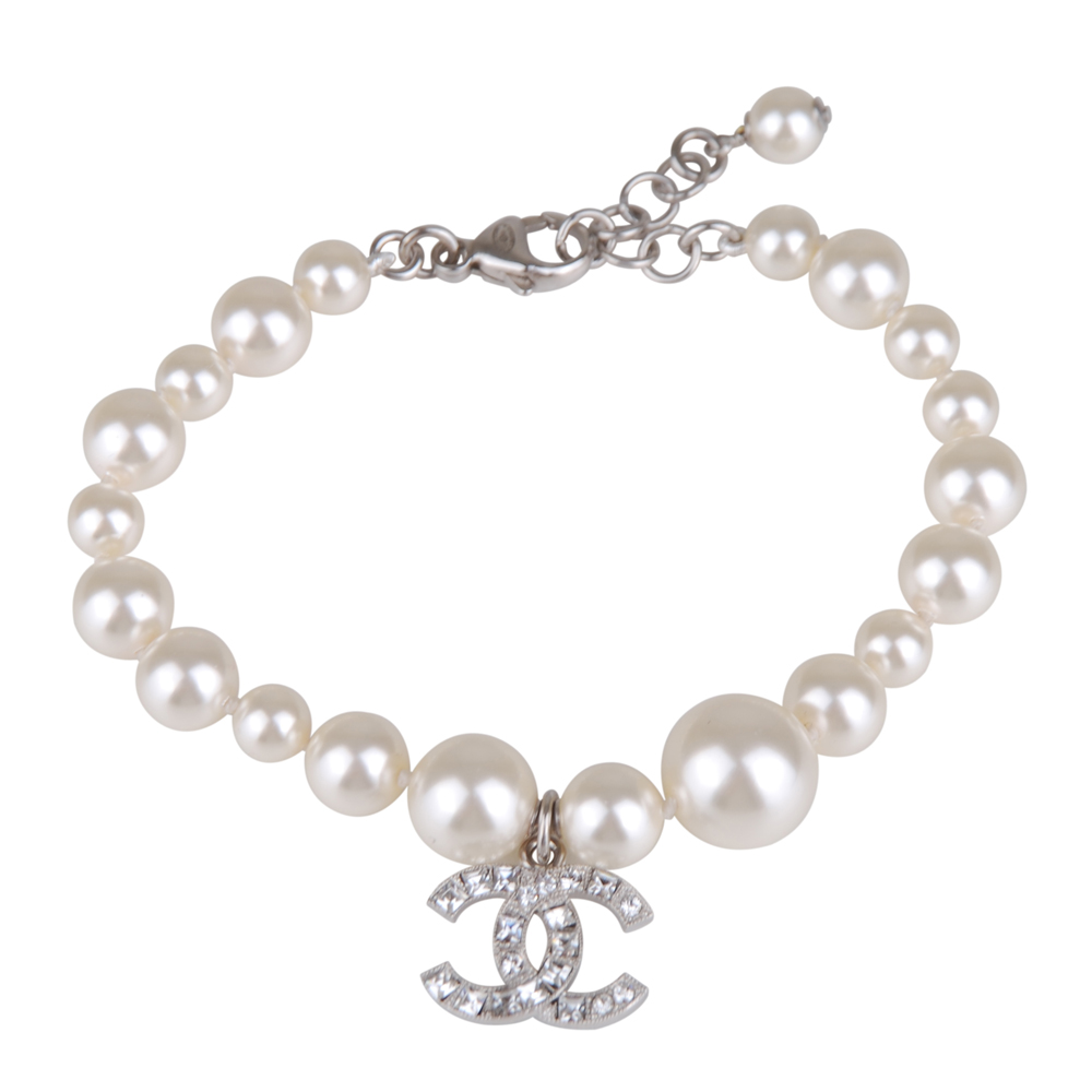 Chanel 鑲鑽雙C串珠設計手鍊-銀
