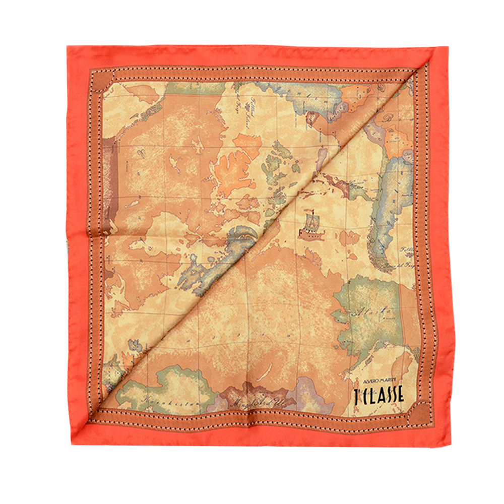 Alviero Martini 義大利地圖 經典地圖邊框配色方巾-橘紅(90X90)