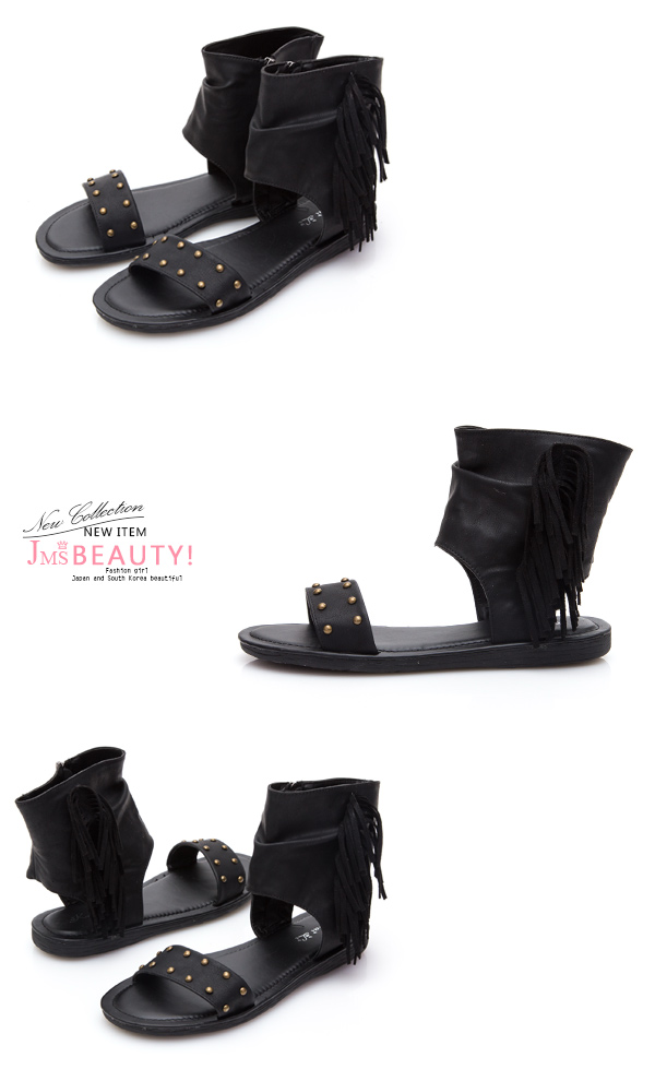 JMS-美式風格自然抓皺側流蘇羅馬涼鞋-黑色