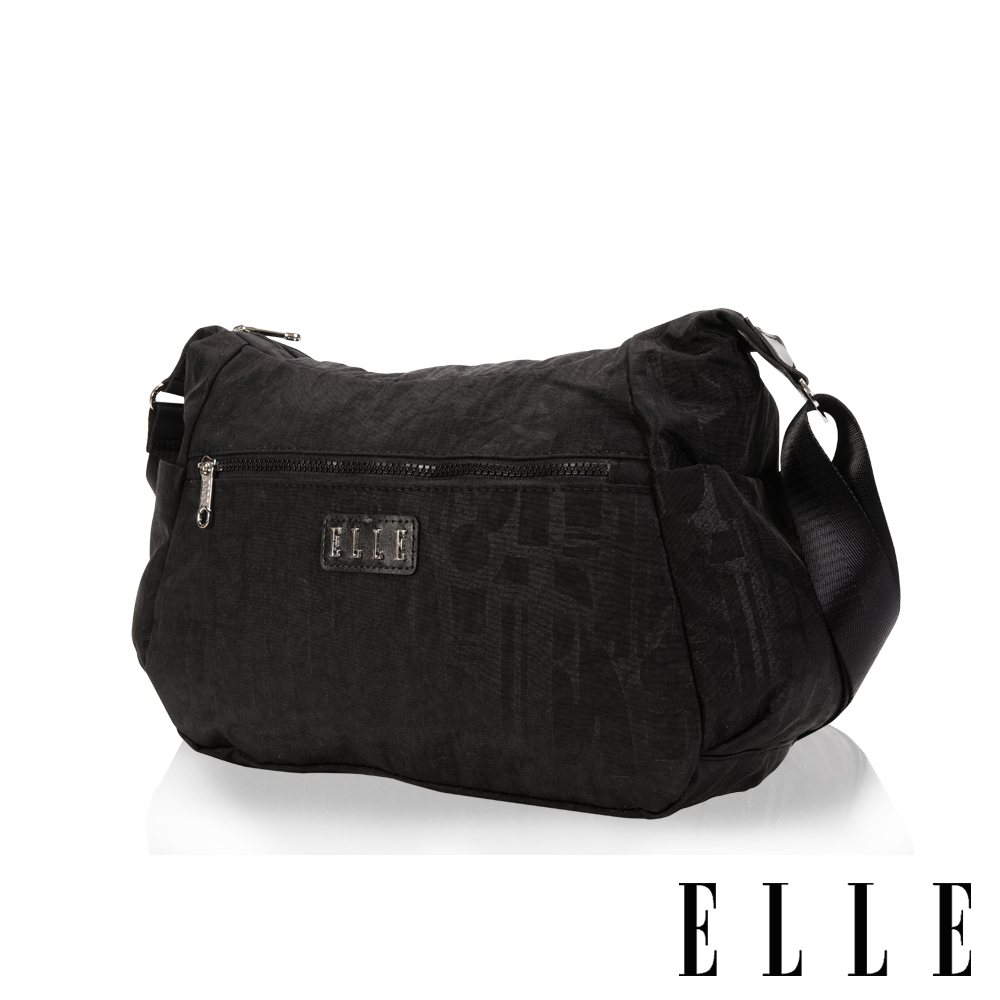 ELLE 優雅淑女皺褶包 大空間側背包設計款 LOGO防潑水設計款-黑