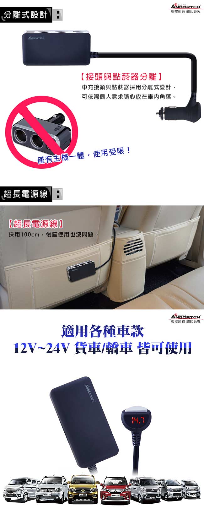 【安伯特】酷電大師 智能電壓監控6.8A 7孔車充(3孔+4USB)黑/灰隨機出貨 擴充座 一鍵開關