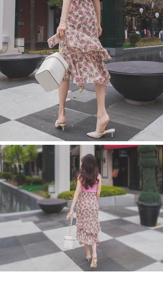 正韓 復古花紋層次荷葉魚尾長裙 (共三色)-Q-chic